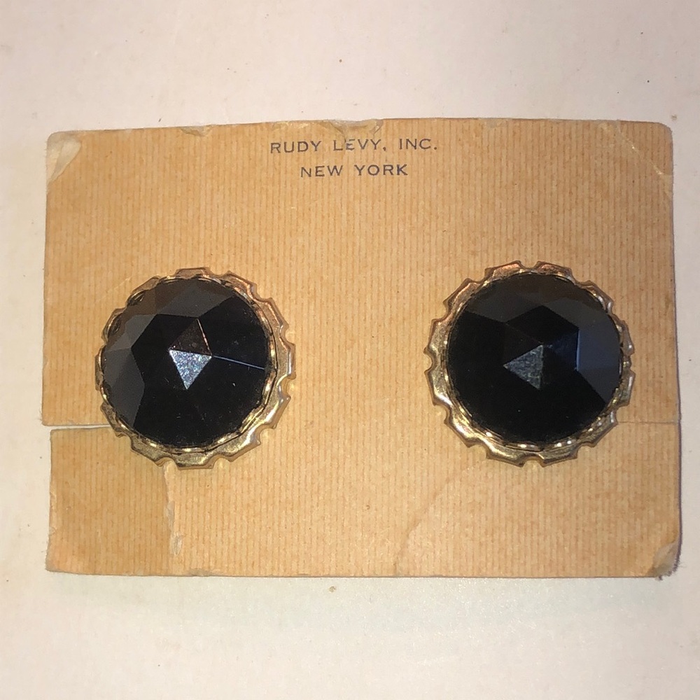 Rudy Levy Black Faceted Vintage Clip-On Earrings